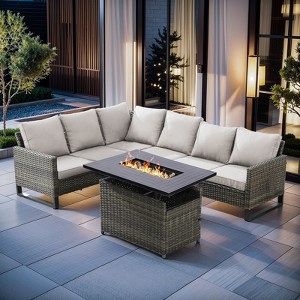 4 Pieces Outdoor Patio Furniture Set with 43" Fire Pit Table, Rattan Patio Sectional Sofa Conversation Set with Propane Fire Pit and Coffee Table - 1 of 4
