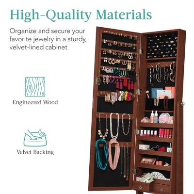 Walnut Freestanding Jewelry Armoire Cabinet with Full Length Mirror