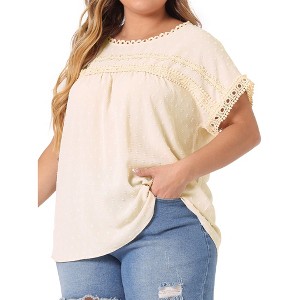 Women's Plus Size Swiss Dots Short Sleeve Lace Crochet Chiffon Pleated Casual Blouses - Agnes Orinda - 1 of 4