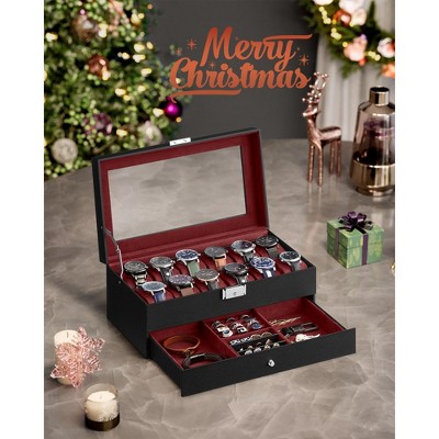 12-Slot Watch Box,  2-Layer PU Display Case Watch Holder Organizer with Large Glass Lid