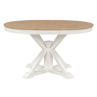 LOVMOR Retro Round Extendable Dining Table with 12" Leaf Wood Kitchen Tables, Adjustable length 42" to 54, for Kitchen, Restaurant, Off White