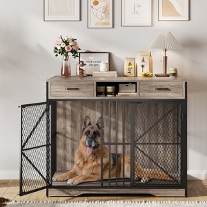 44" Dog Crate Furniture with Drawers, Wooden Dog Cage with Open Compartment & Double Doors, Heavy Duty Indoor House End Table - 1 of 4