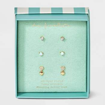 14k Gold Plated Cubic Zirconia Heart Stud Earring Set 3pc - A New Day™ Gold