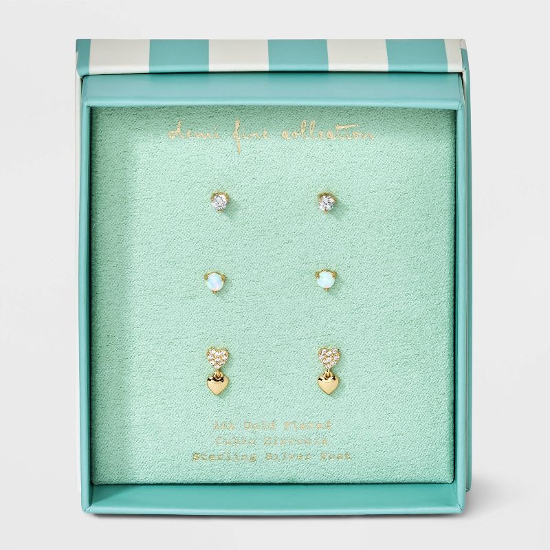 14k Gold Plated Cubic Zirconia Heart Stud Earring Set 3pc - A New Day&#8482; Gold, 1 of 3