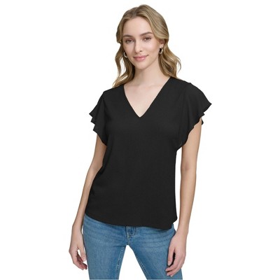 Calvin Klein Womens Chiffon Trim Pullover Blouse
