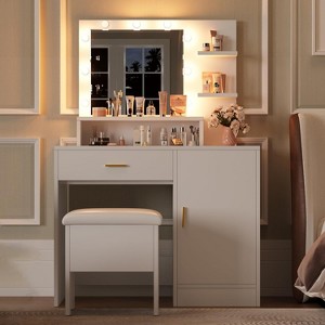GustoWave Vanity Desk with Mirror & Lights, Makeup Vanity Table with Large Drawers and 3 Level Storage & Tiers of Open Shelves, Bedroom Dressing Table - 1 of 4