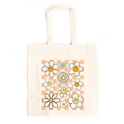 City Creek Prints Checkered Smiley Face Flowers Canvas Tote Bag - 15x16 - Natural