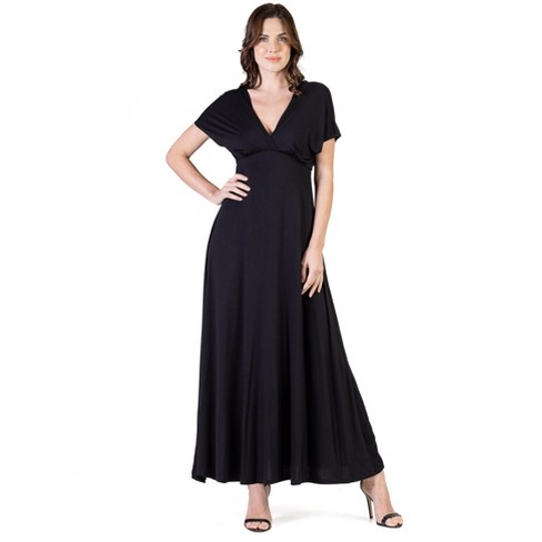 24seven Comfort Apparel Womens Cap Sleeve V Neck Maxi Dress-BLACK-S