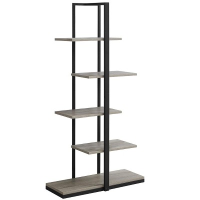 Bookshelf, Bookcase, Etagere, 5 Tier, 60"h, Office, Bedroom, Brown Laminate, Black Metal, Contemporary, Modern