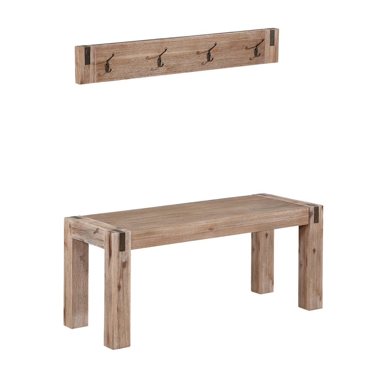 40" Woodstock Acacia Wood with Metal Coat Hook And Bench Set Brushed Driftwood - Alaterre Furniture: Rustic Hall Tree, Entryway Organizer
