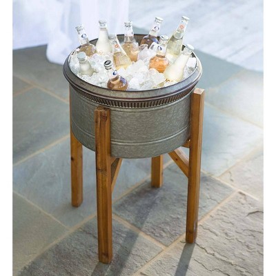 Set of 3 Galvanized Metal Planters with Wooden Stands