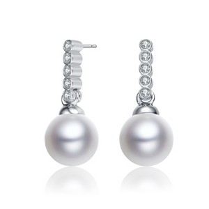Guili Sterling Silver Rhodium Plated White Round Genuine Freshwater Pearl with Clear Round Cubic Zirconia Drop Earrings, a True Classic of Grace - 1 of 3