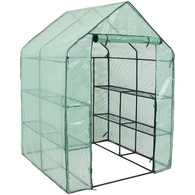 Sunnydaze Outdoor Portable Plant Shelter Grandeur Mini Walk-In Greenhouse with Roll-Up Door - 4 Shelves - Green - Size