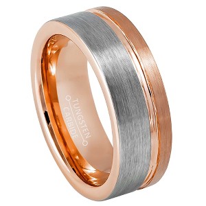 Jewelry Avalanche 8mm Pipe Cut Rose Gold & Gray IP Off Center Groove Tungsten Carbide Mens Wedding Band - 1 of 4