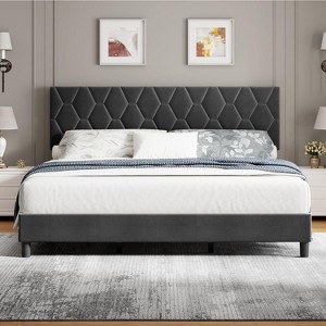 Heavy-Duty Upholstered Platform Bed Frame with Wooden Slats Support, No Box Spring Needed, Noise-Free, Easy Assembly - 1 of 4