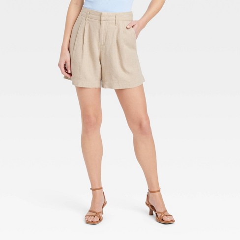 Women s High rise Linen Pleated Front Shorts A New Day Tan 14