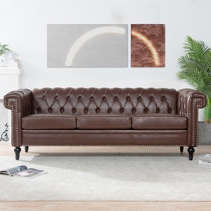 83.66" PU Leather Square Arm 3-Seater Sofa with Removable Cushions and Nailhead Trim - 1 of 4