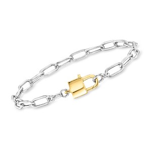Ross-Simons Italian Sterling Silver and 18kt Gold Over Sterling Paper Clip Link Padlock Bracelet - 1 of 4