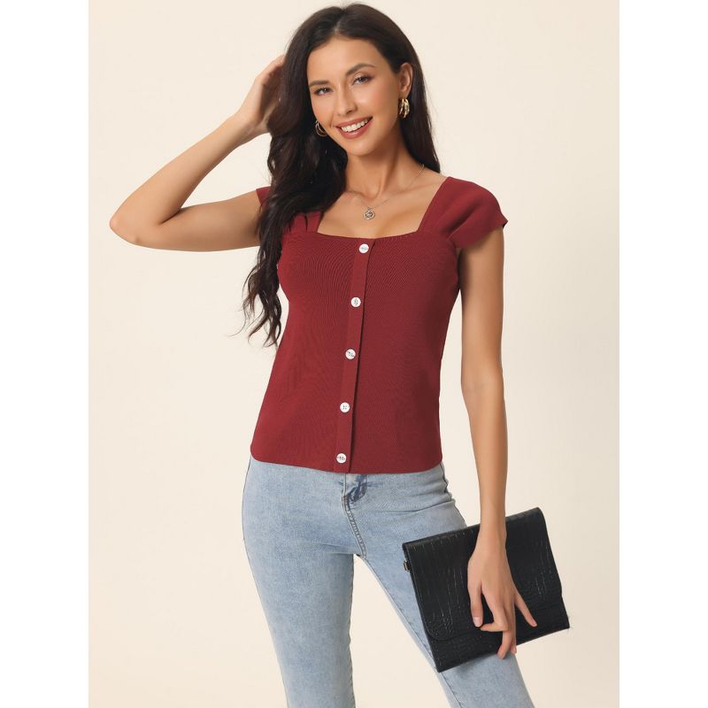 Seta T Women's Summer Square Neck Ribbed Buttons Decor Cap Sleeves Casual Pullover Tops, 3 of 6