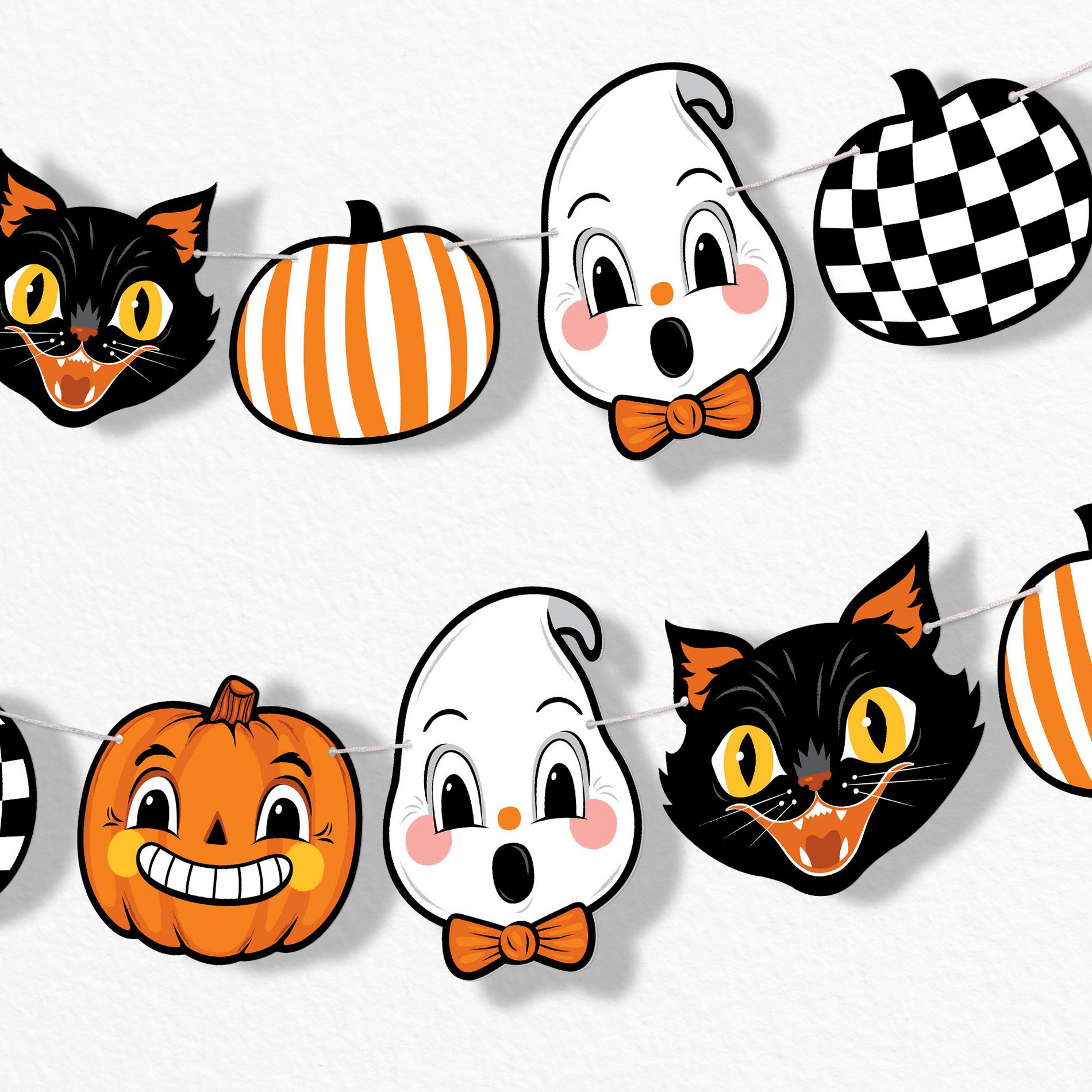 Big Dot of Happiness Vintage Halloween Garland Banner, Retro Halloween or Birthday Party, 30 Feet of Cord, 15 Paper Black Cat, Pumpkin, & Ghost Shapes