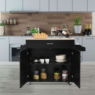 Black MDF Rolling Kitchen Cart with Spice Rack and Storage