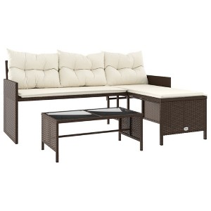 vidaXL L-Shaped Patio Sofa with Cushions and Coffee Table - Brown Poly Rattan Outdoor Lounge Set with Washable Covers for Garden, Terrace, Deck - 1 of 4