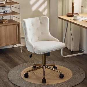 VINGLI White Teddy Fleece Armless Office Desk Chair with Gold Base/Wheels, Cute Vanity/Makeup Chair,  Adjustable Swivel Nail Chair - 1 of 4