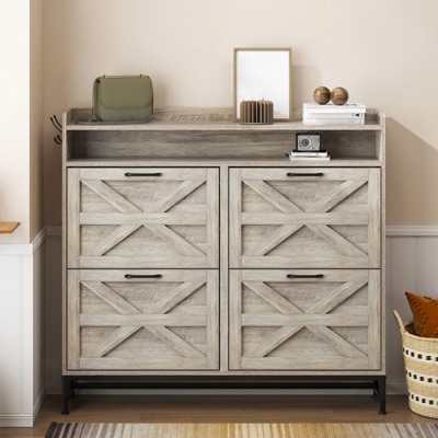 Shoe Cabinet with 4 Flip Drawers, Wooden Freestanding Shoe Rack, Hidden Shoe Cabinet Organizer with Open Storage for Living Room Bedroom Hallway