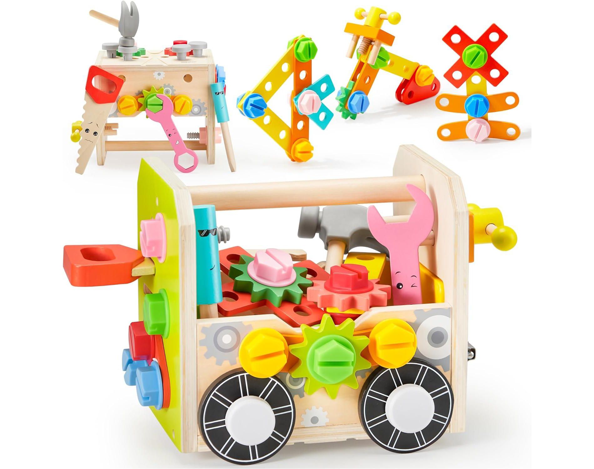 51PCS Kids Wooden Educational Tool Set for Boys Girls, Montessori Toys for 3 4 5 6 Year Old, Learning Construction Toys, Christmas Birthday Gift