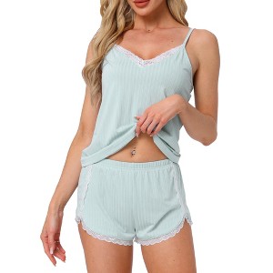 INSPIRE CHIC Women's Lingerie V Neck Lace Soft Cami Top with Shorts 2 Piece Pajama Sets - 1 of 4