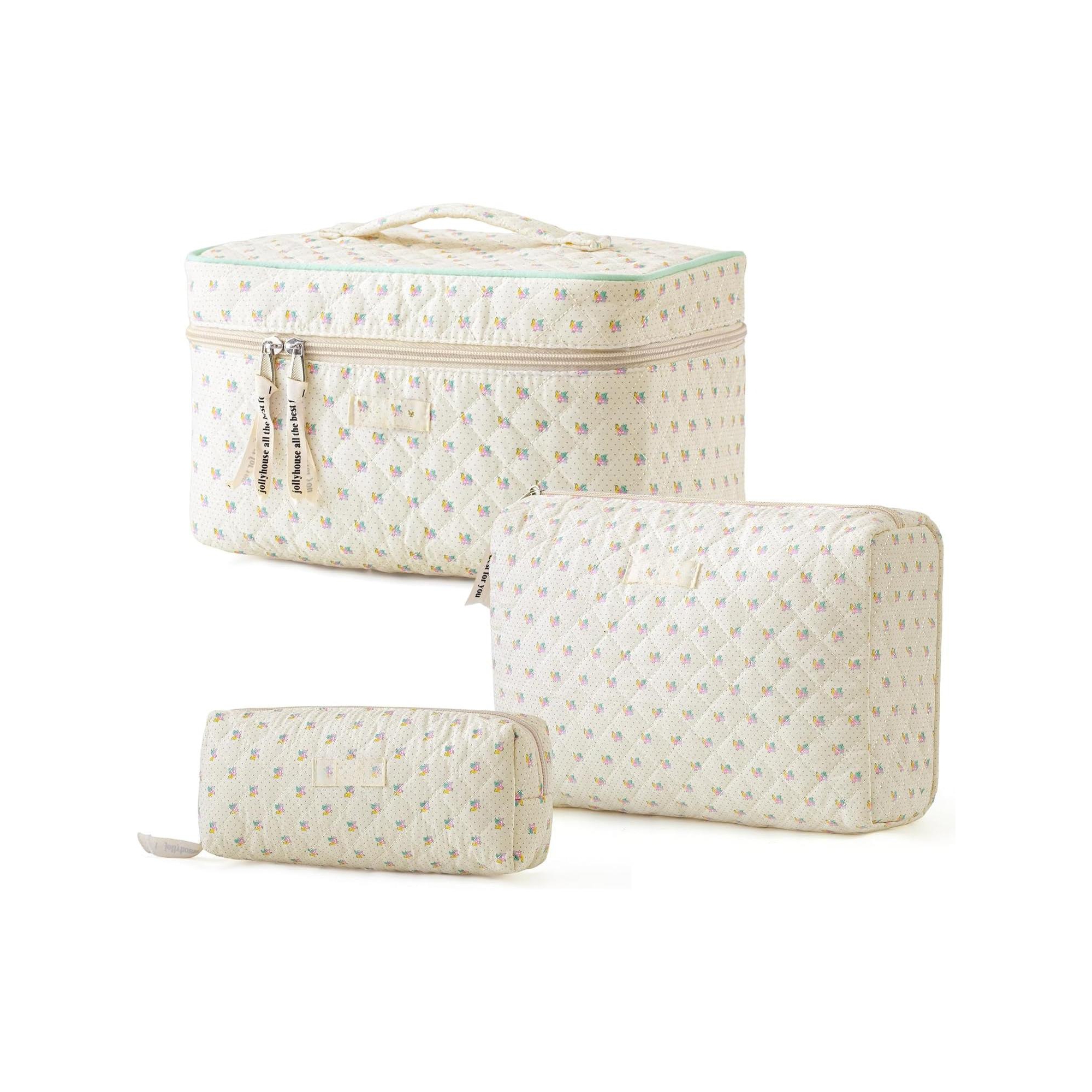 3-Piece Quilted Cotton Travel Makeup Bag Set. Cute Floral Cosmetic and Toiletry Bags for Women and Girls. A-3PCS-Flower