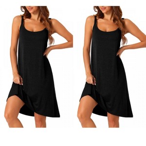 cheibear Women's Cross Back Spaghetti Straps Suspenders Pajama Dress 2 Pcs - 1 of 4