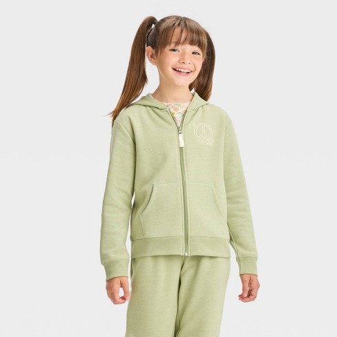 Girls' Zip-up Fleece Hoodie Sweatshirt - Cat & Jack™ Light Olive