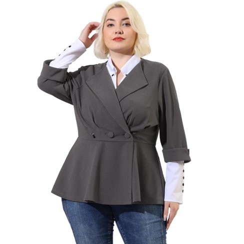 Unique Bargains Women's Plus Size Ruffle V Neck Business Button Ruched  Blazer 