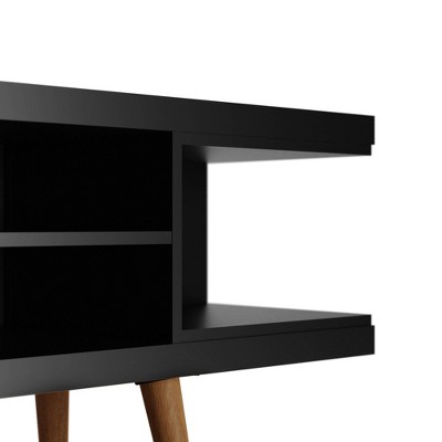 Sleek Matte Black 53" TV Stand with Splayed Wooden Legs and Open Shelves