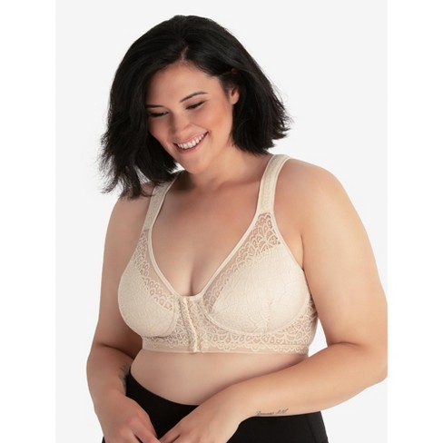 Leading Lady The Nora - Shimmer Support Back Lace Front-Closure Bra in  Whisper Nude, Size: 46B