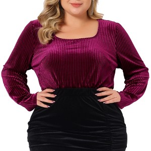 Agnes Orinda Women's Plus Size Ribbed Velvet Textured Elegant Long Sleeve Blouses - 1 of 4