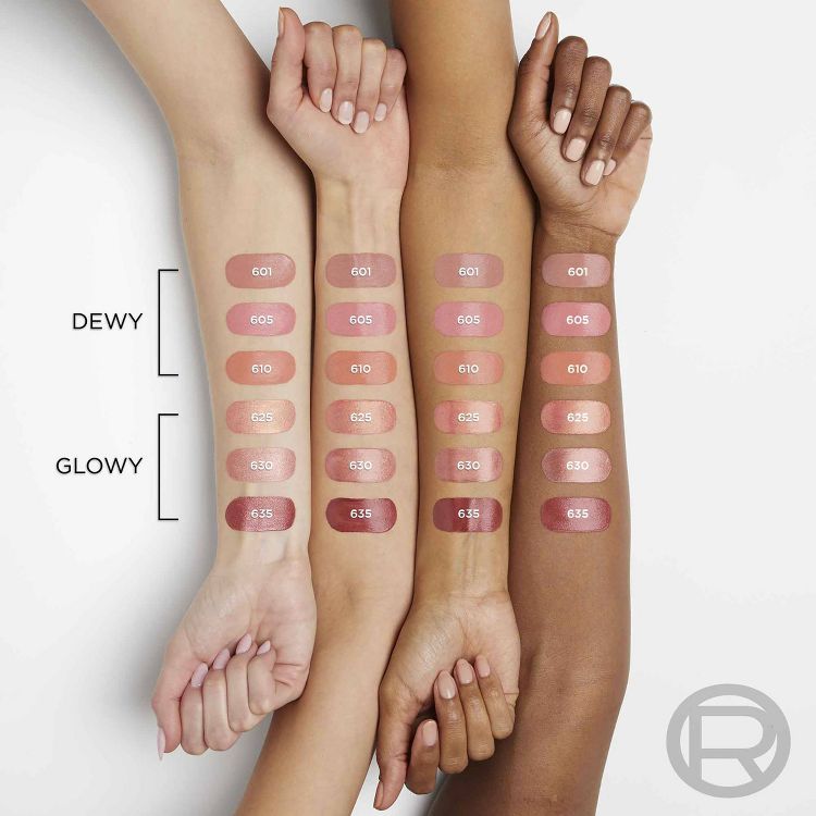 Three arms displaying swatches of blush in various shades labeled 601, 605, 610, 625, 630, and 635, categorized as "Dewy" and "Glowy."