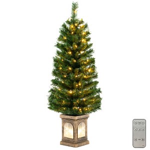 Costway 4 FT Pre-Lit Potted Christmas Tree Artificial Entrance Decor with 3 Lighting Modes - 1 of 4