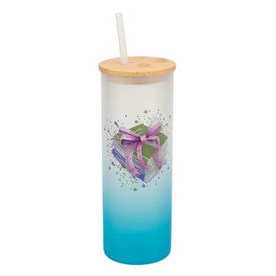 Elanze Designs 25 Ounce Frosted Glass Gradient Travel Tumbler With Straw and Wooden Lid, Books and Bows Sky Blue