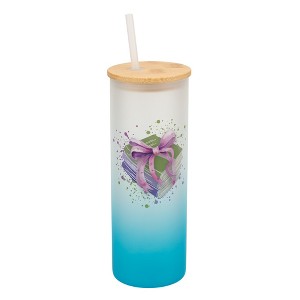 Elanze Designs 25 Ounce Frosted Glass Gradient Travel Tumbler With Straw and Wooden Lid, Books and Bows Sky Blue - 1 of 1