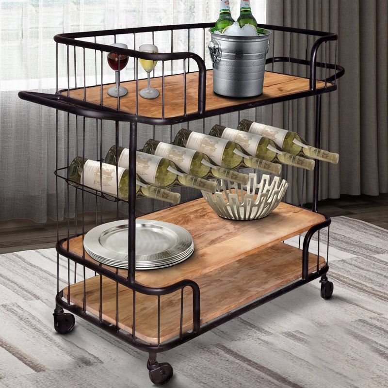 2 Shelves and Metal Frame Bar Cart with Wooden Top Black/Brown - The Urban Port, 6 of 8