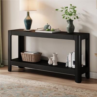 Modern Farmhouse Console Table with Wood Veneer Top and Rounded Corners,Black Entryway or Living Room Accent Table–The Pop Home