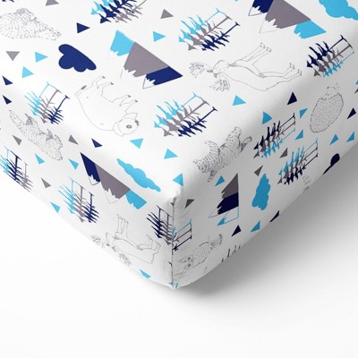 Bacati - Woodland Animals Aqua Navy Gray 100 percent Cotton Universal Baby US Standard Crib or Toddler Bed Fitted Sheet