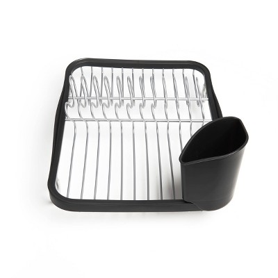 Black and Silver Metal Dish Rack with Utensil Cup