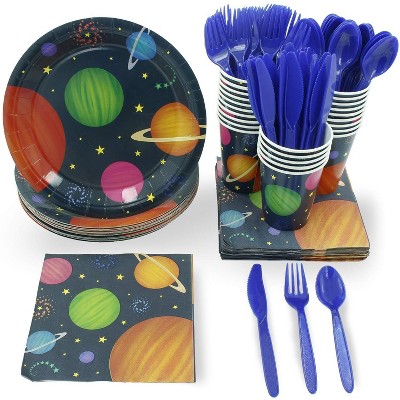 Juvale 24 Serves Set Party Disposable Dinnerware Plates Cups Napkins Knives Forks, Outer Space