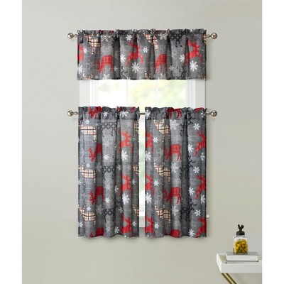 Kate Aurora Complete Plaid Christmas Reindeers Snowflakes 3 Pc Kitchen Curtain Tier And Valance Set - 56 in. W x 36 in. L