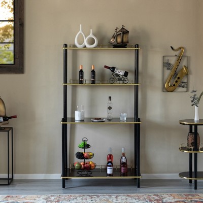 Tall Black and Gold Metal Bar Stand with 4 Shelves