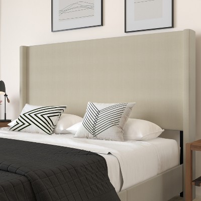 Beige King Upholstered Platform Bed with Wingback Headboard