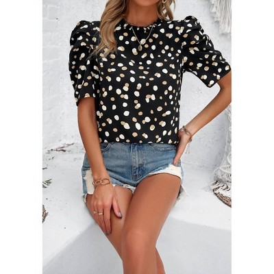Women's Wo's Ruffle Neck Puff Sleeve Dots Blouse - Ninexis
